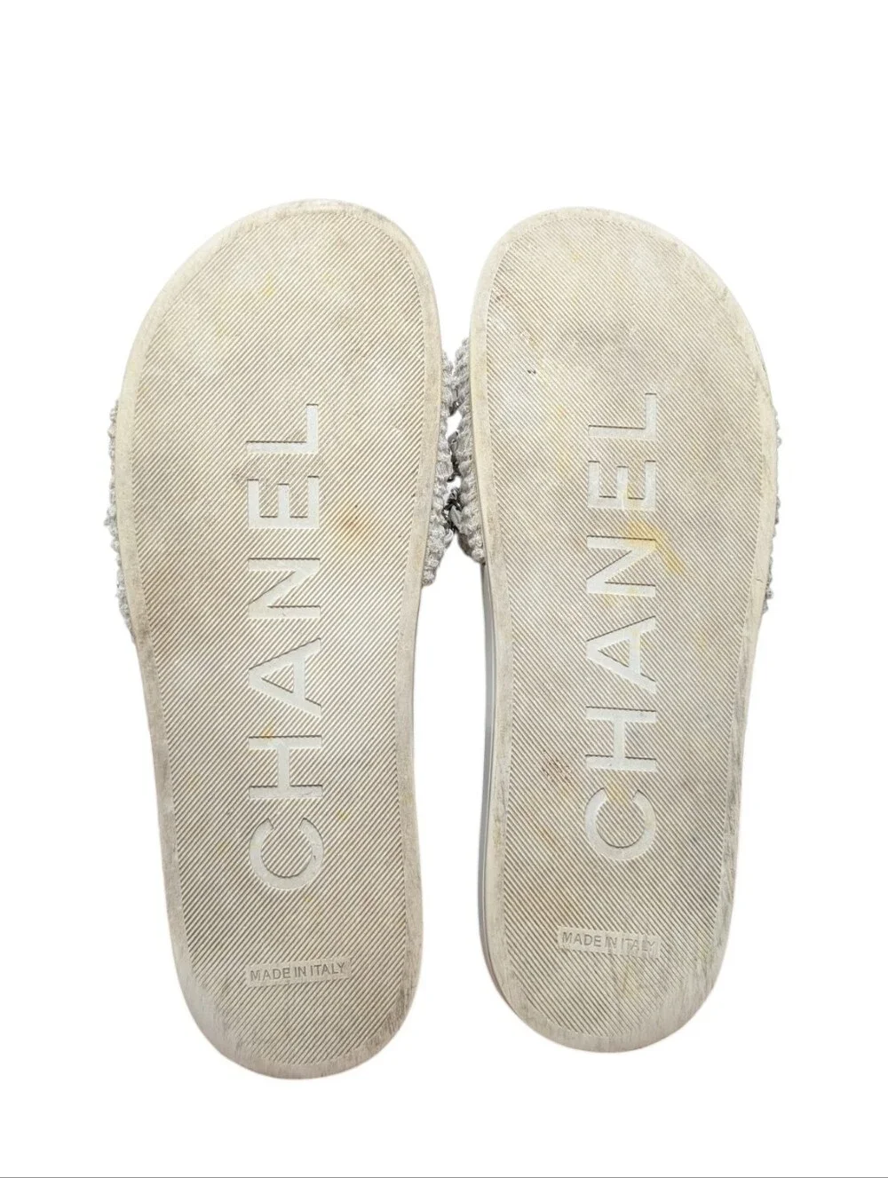 Chanel White Tweed Silver Chain Interlocking CC Charm Slide Sandals Size EU 39